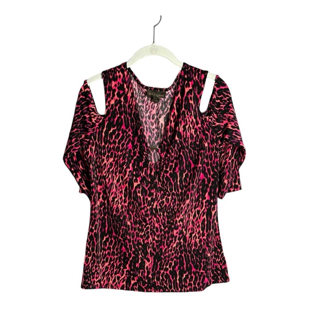 Bold Elements Hot Pink Leopard Print Cold Shoulder Top Small Front Cutout Large